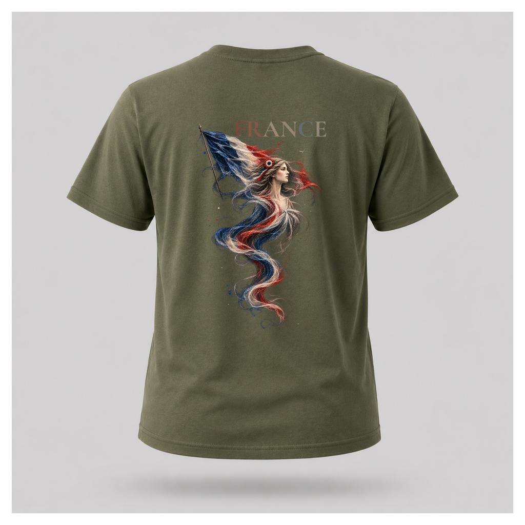 Male form floating military green Marianne — France T-shirt, back view, featuring large Marianne artwork in French tricolour tones with FRANCE above, by RIOTTEES.