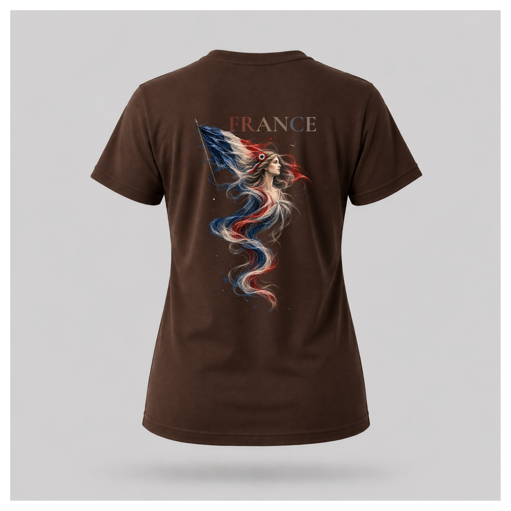 Female form floating chocolate brown Marianne — France T-shirt, back view, featuring large Marianne artwork in French tricolour tones with FRANCE above, by RIOTTEES.