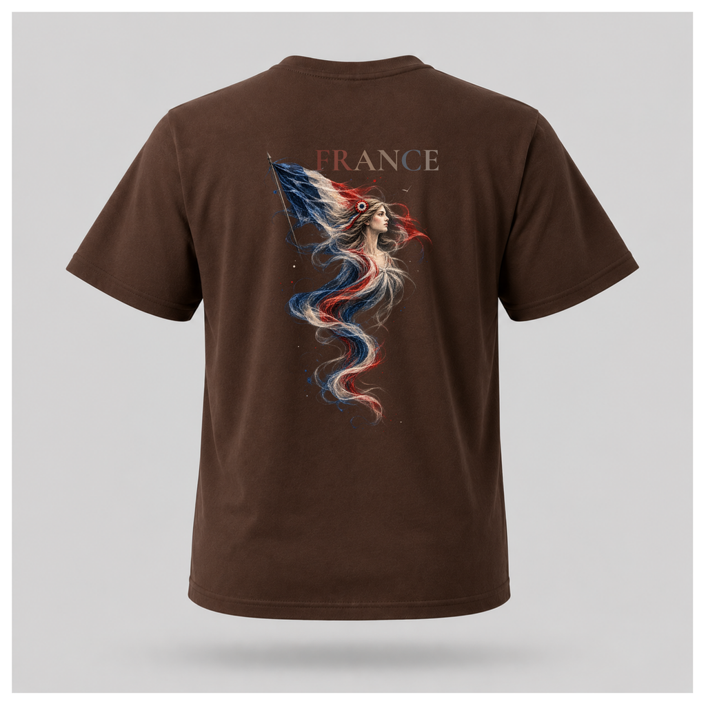 Male form floating chocolate brown Marianne — France T-shirt, back view, featuring large Marianne artwork in French tricolour tones with FRANCE above, by RIOTTEES.