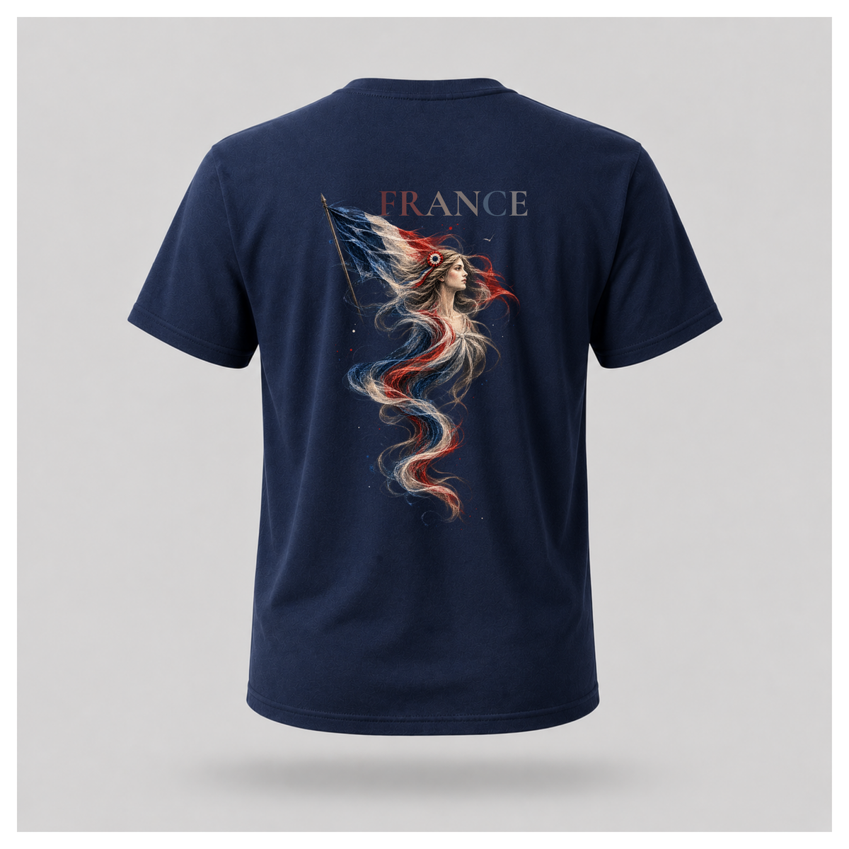 Male form floating navy blue Marianne — France T-shirt, back view, featuring large Marianne artwork in French tricolour tones with FRANCE above, by RIOTTEES.