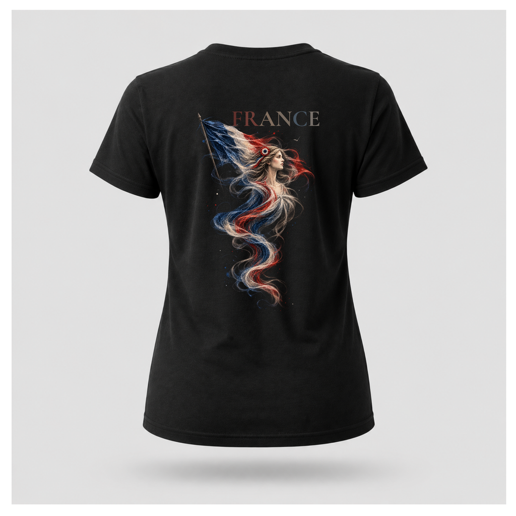 Female form floating black Marianne — France T-shirt, back view, featuring large Marianne artwork in French tricolour tones with FRANCE above, by RIOTTEES.