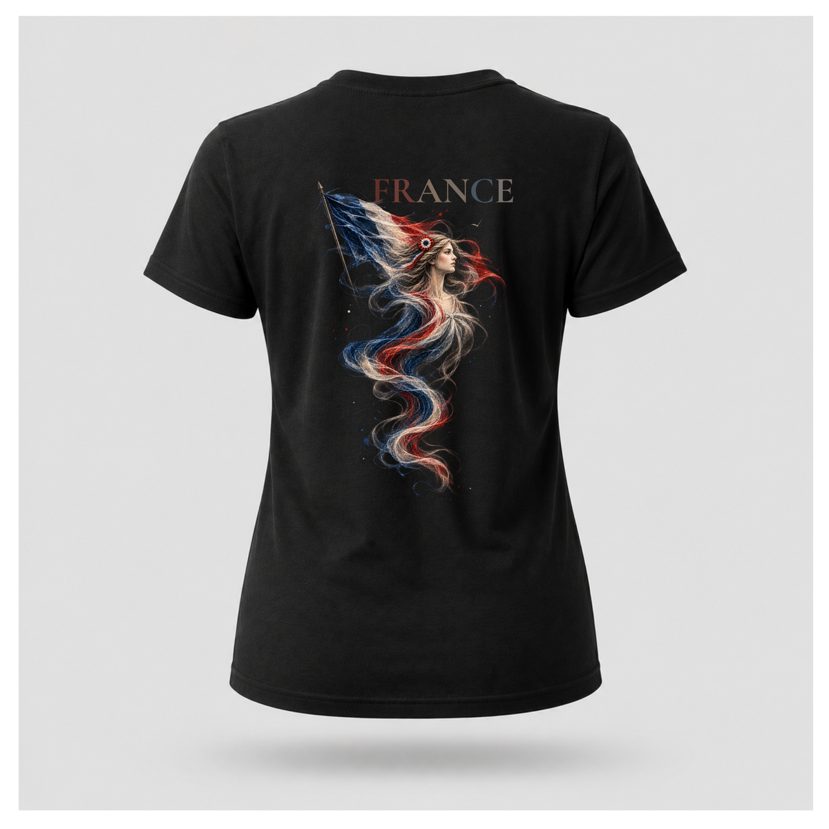 Female form floating black Marianne — France T-shirt, back view, featuring large Marianne artwork in French tricolour tones with FRANCE above, by RIOTTEES.