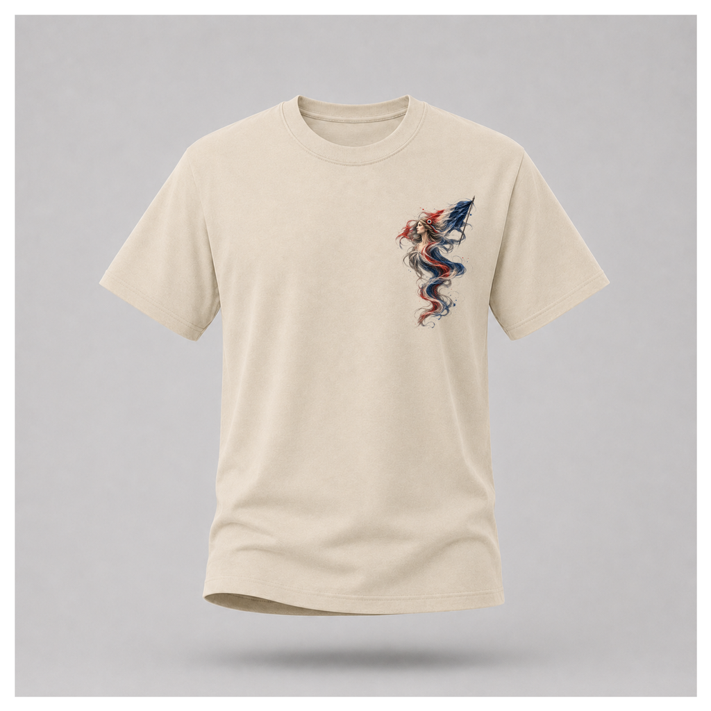 Male form floating sand Marianne — France T-shirt, front view, featuring the smaller Marianne artwork in French tricolour tones on the chest, by RIOTTEES.