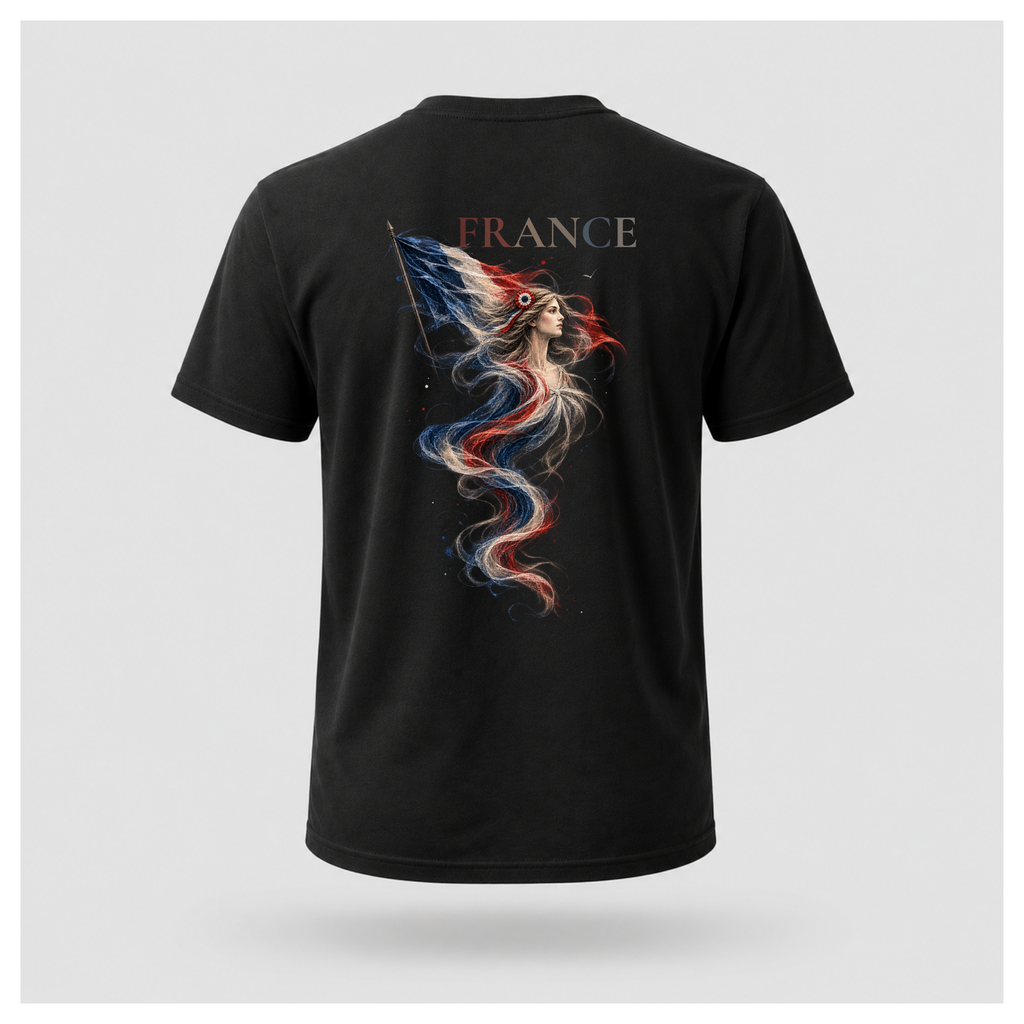 Male form floating black Marianne — France T-shirt, back view, featuring large Marianne artwork in French tricolour tones with FRANCE above, by RIOTTEES.