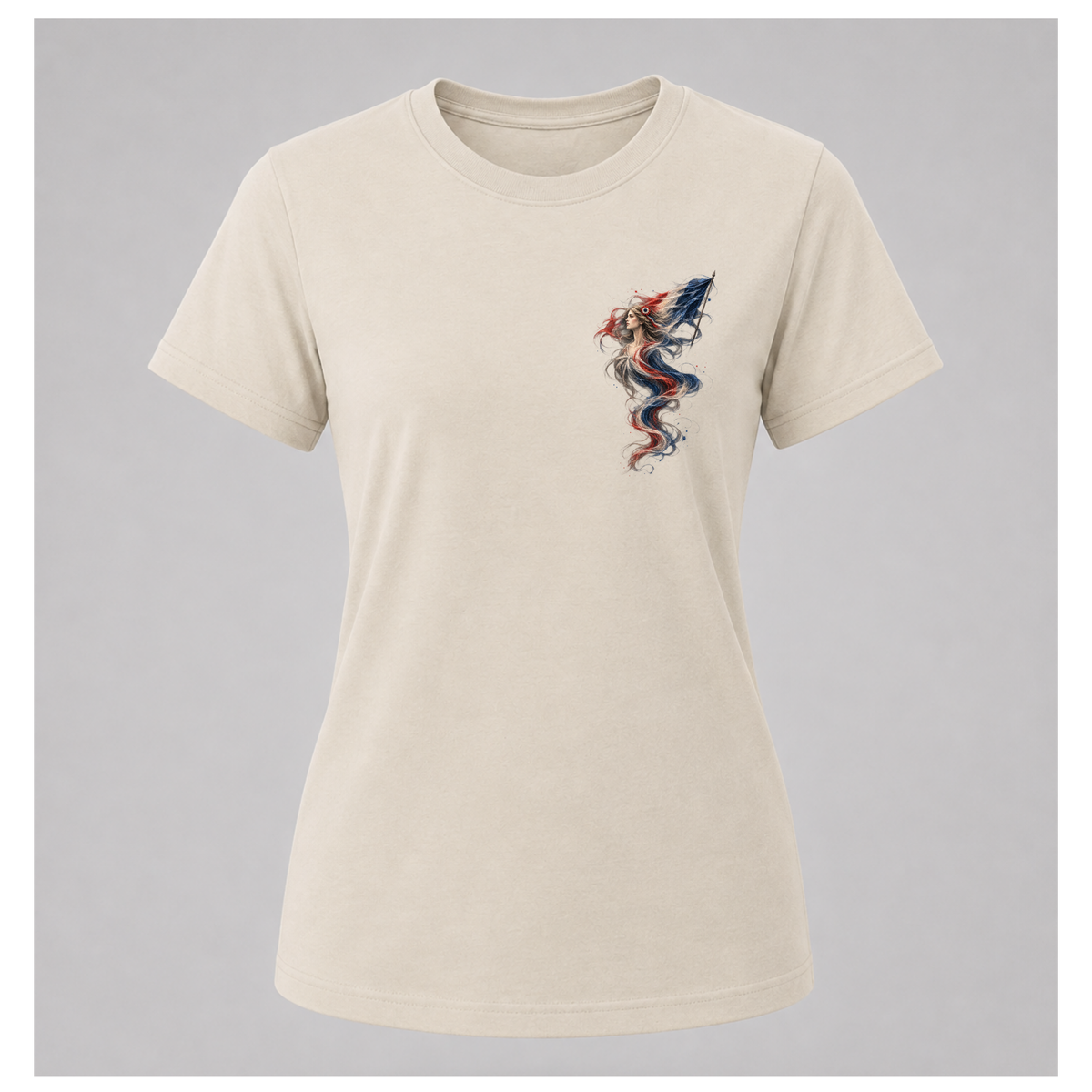 Female form floating sand Marianne — France T-shirt, front view, featuring the smaller Marianne artwork in French tricolour tones on the chest, by RIOTTEES.