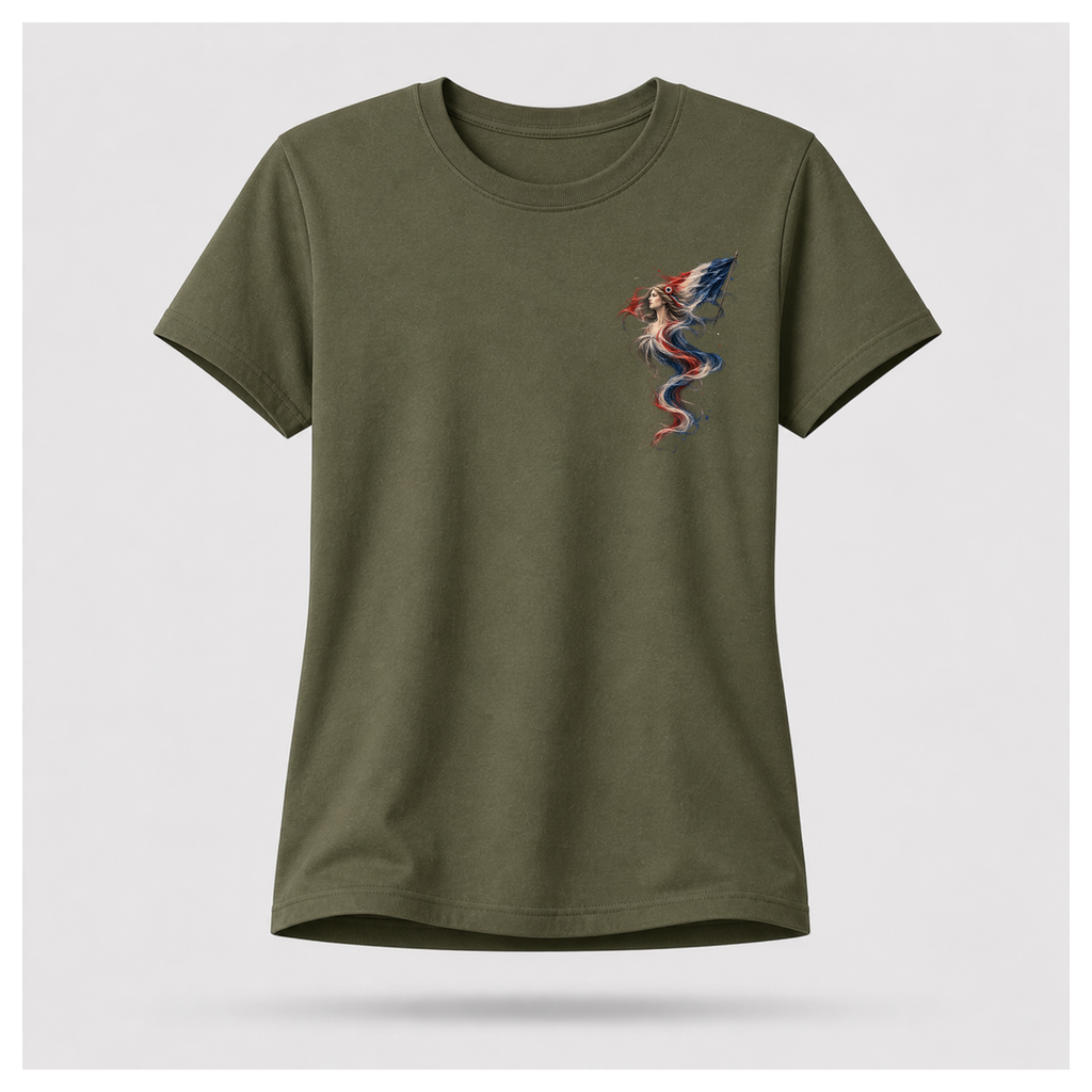 Female form floating military green Marianne — France T-shirt, front view, featuring the smaller Marianne artwork in French tricolour tones on the chest, by RIOTTEES.