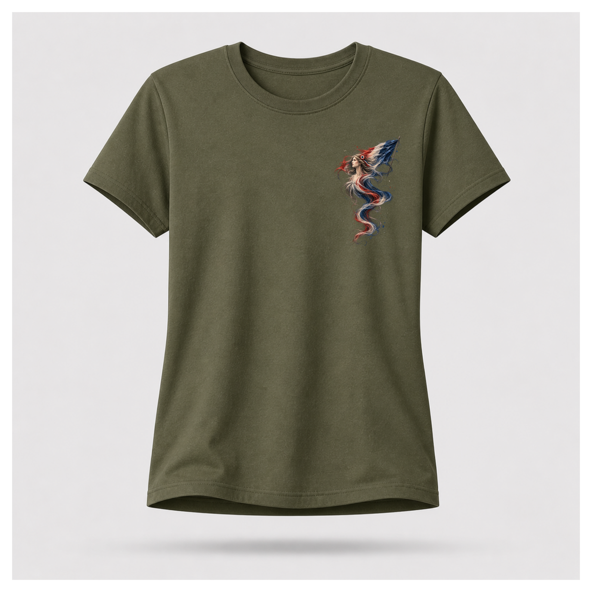Female form floating military green Marianne — France T-shirt, front view, featuring the smaller Marianne artwork in French tricolour tones on the chest, by RIOTTEES.
