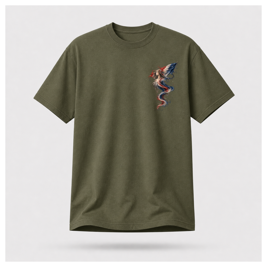 Male form floating military green Marianne — France T-shirt, front view, featuring the smaller Marianne artwork in French tricolour tones on the chest, by RIOTTEES.