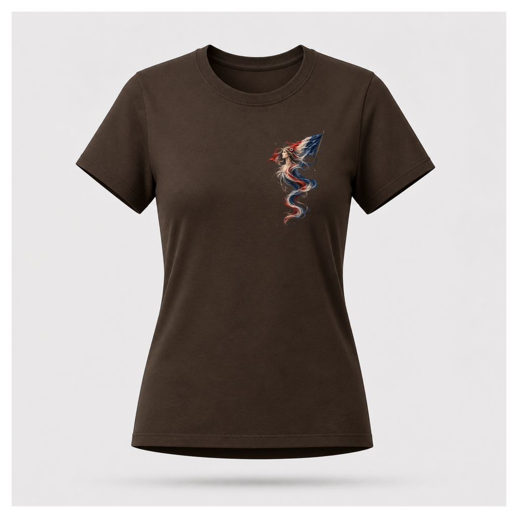 Female form floating chocolate brown Marianne — France T-shirt, front view, featuring the smaller Marianne artwork in French tricolour tones on the chest, by RIOTTEES.