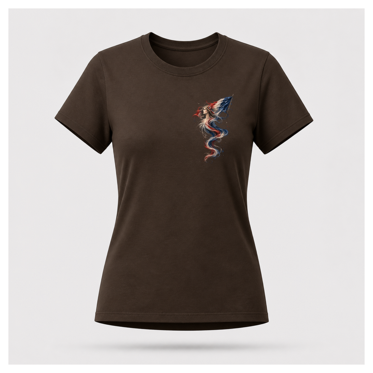 Female form floating chocolate brown Marianne — France T-shirt, front view, featuring the smaller Marianne artwork in French tricolour tones on the chest, by RIOTTEES.