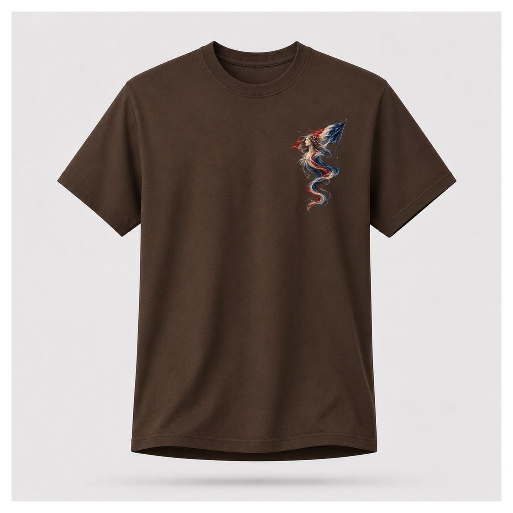Male form floating chocolate brown Marianne — France T-shirt, front view, featuring the smaller Marianne artwork in French tricolour tones on the chest, by RIOTTEES.