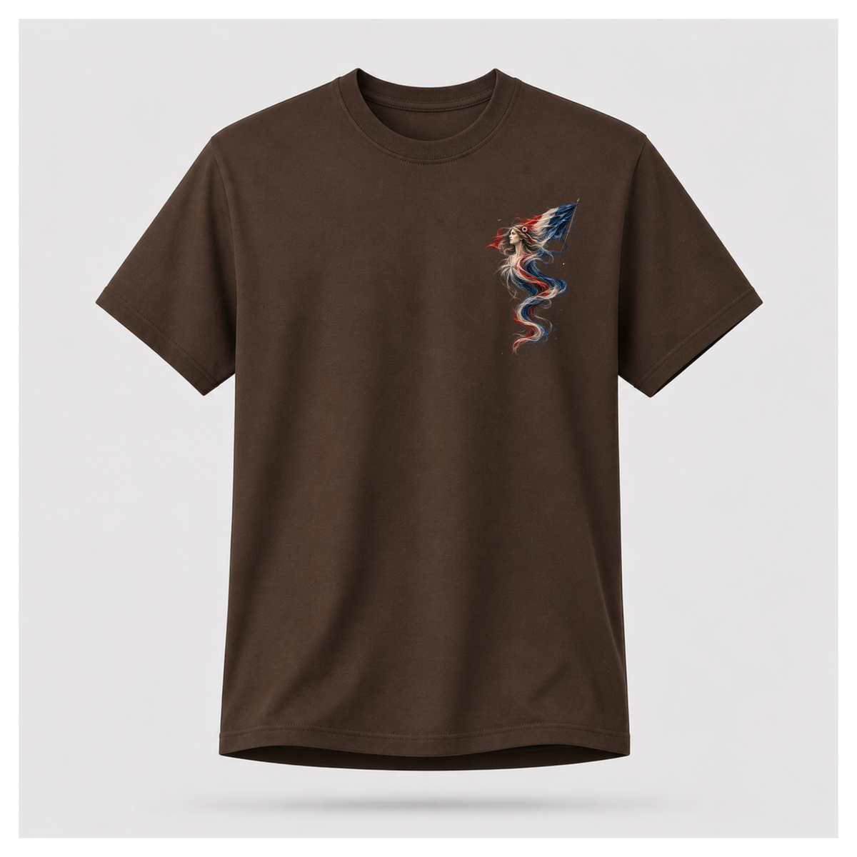 Male form floating chocolate brown Marianne — France T-shirt, front view, featuring the smaller Marianne artwork in French tricolour tones on the chest, by RIOTTEES.
