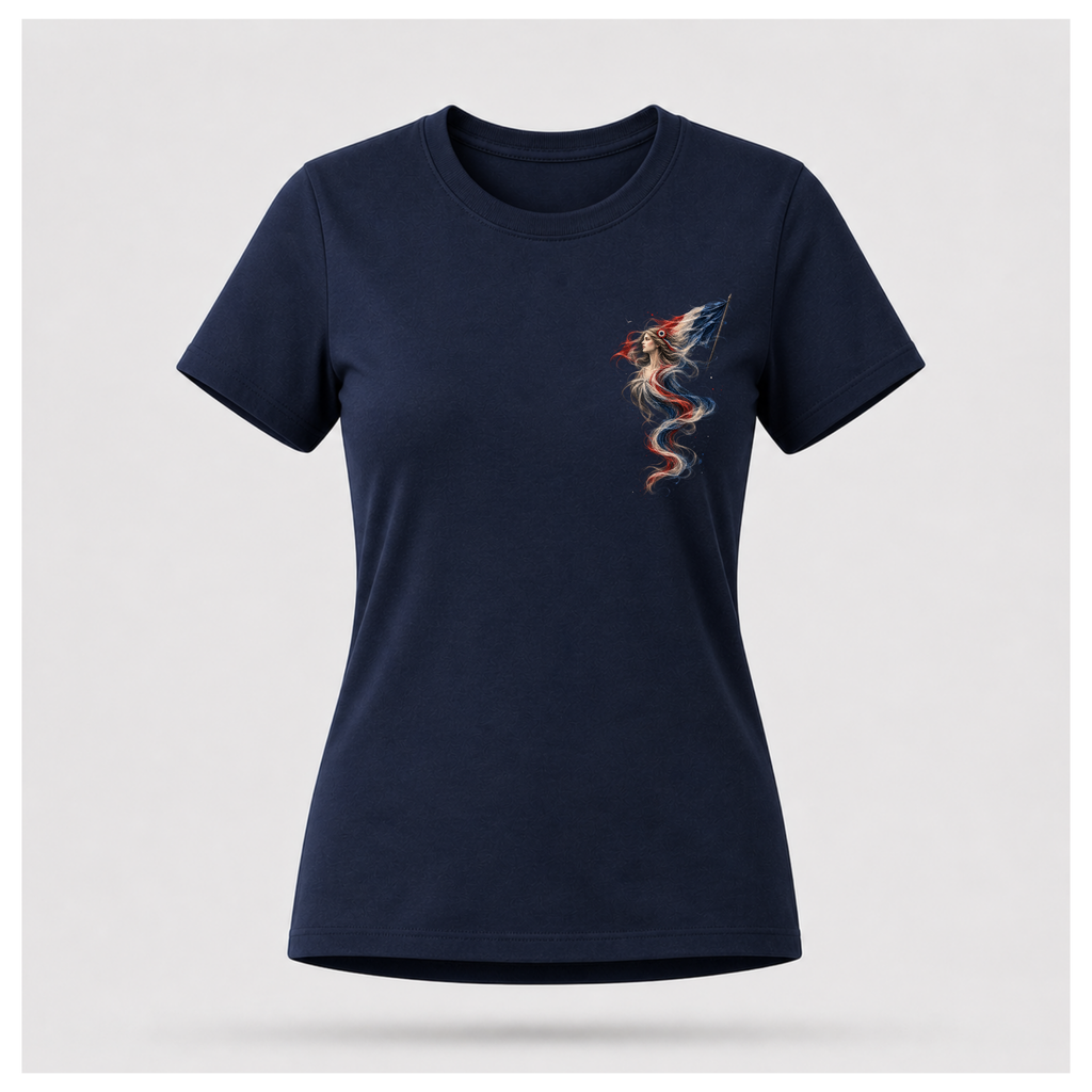 Female form floating navy blue Marianne — France T-shirt, front view, featuring the smaller Marianne artwork in French tricolour tones on the chest, by RIOTTEES.