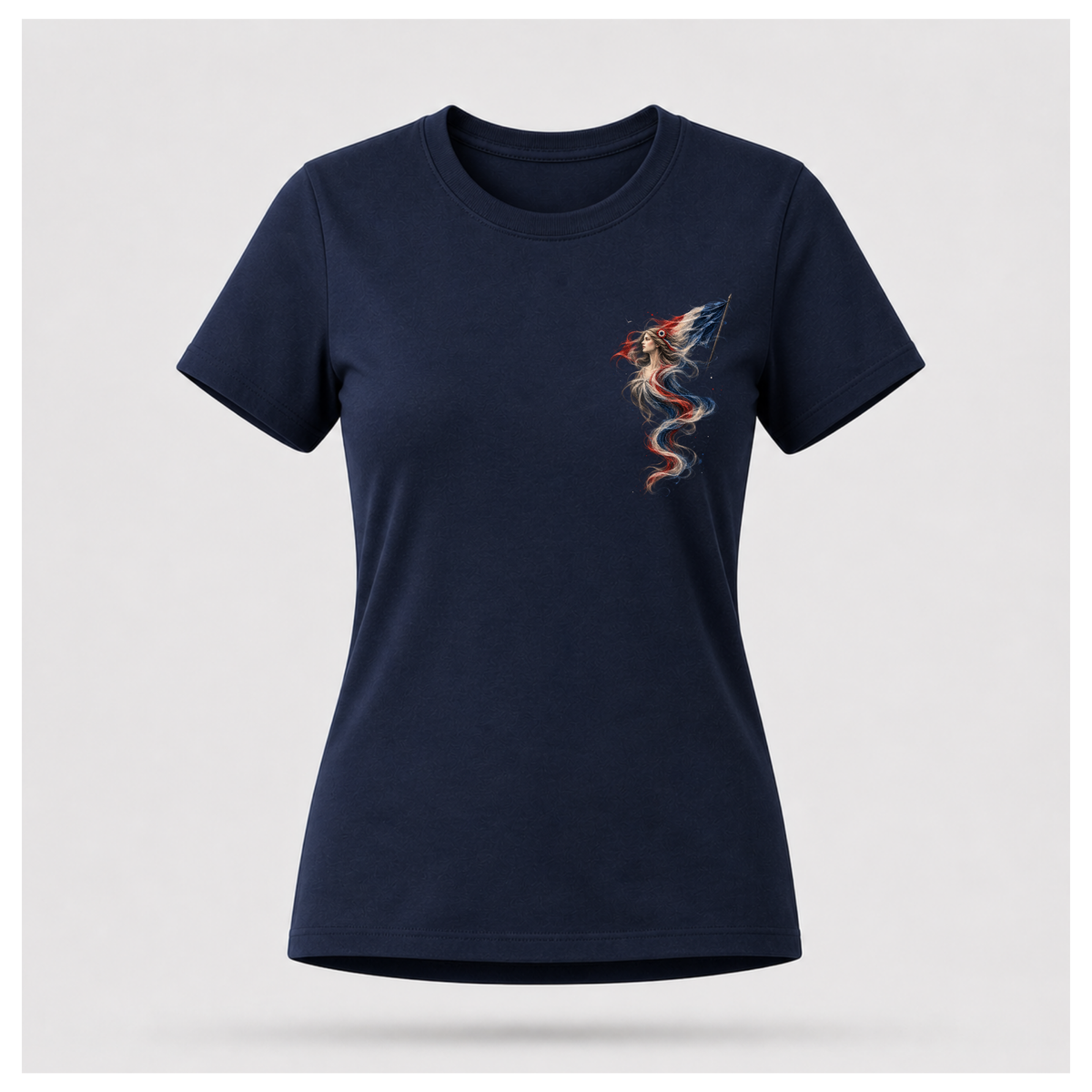 Female form floating navy blue Marianne — France T-shirt, front view, featuring the smaller Marianne artwork in French tricolour tones on the chest, by RIOTTEES.