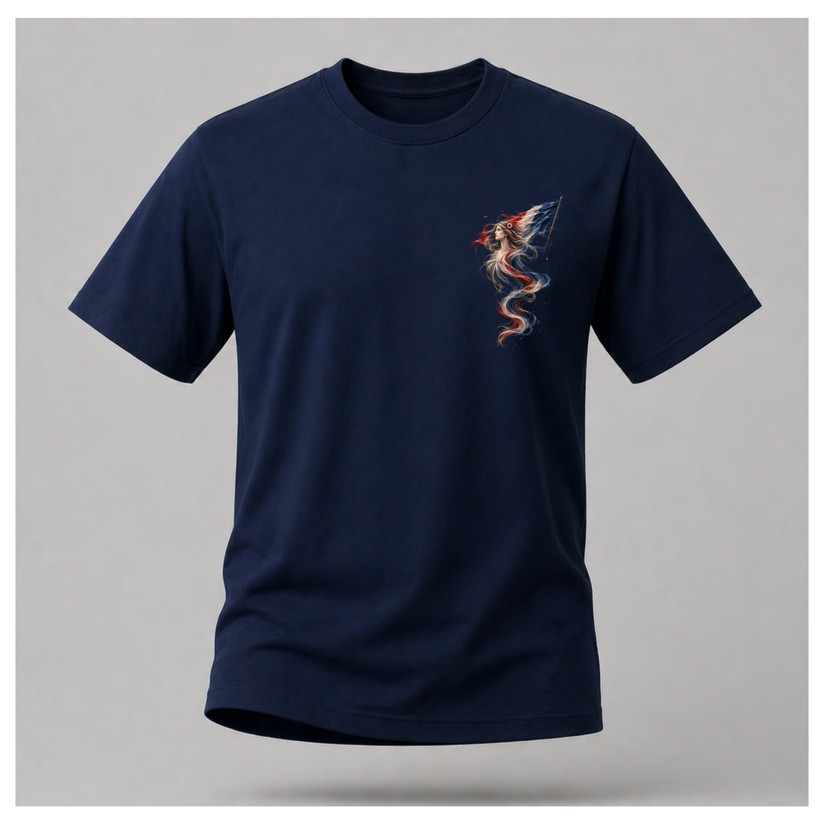 Male form floating navy blue Marianne — France T-shirt, front view, featuring the smaller Marianne artwork in French tricolour tones on the chest, by RIOTTEES.