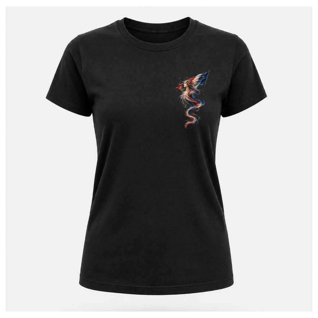 Female form floating black Marianne — France T-shirt, front view, featuring the smaller Marianne artwork in French tricolour tones on the chest, by RIOTTEES.