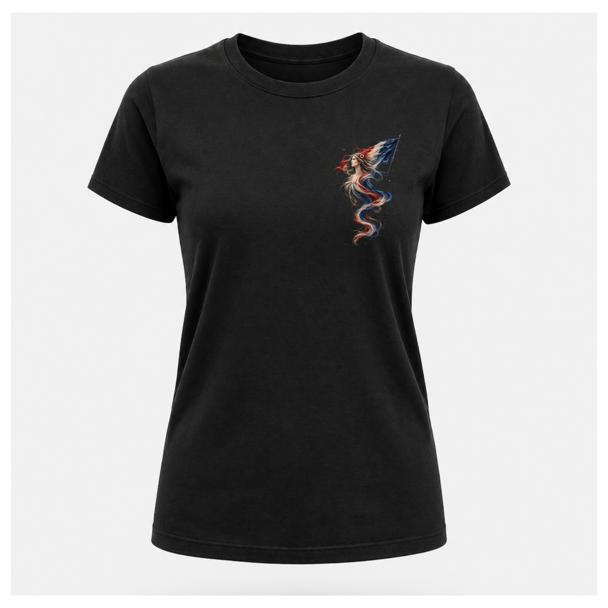 Female form floating black Marianne — France T-shirt, front view, featuring the smaller Marianne artwork in French tricolour tones on the chest, by RIOTTEES.