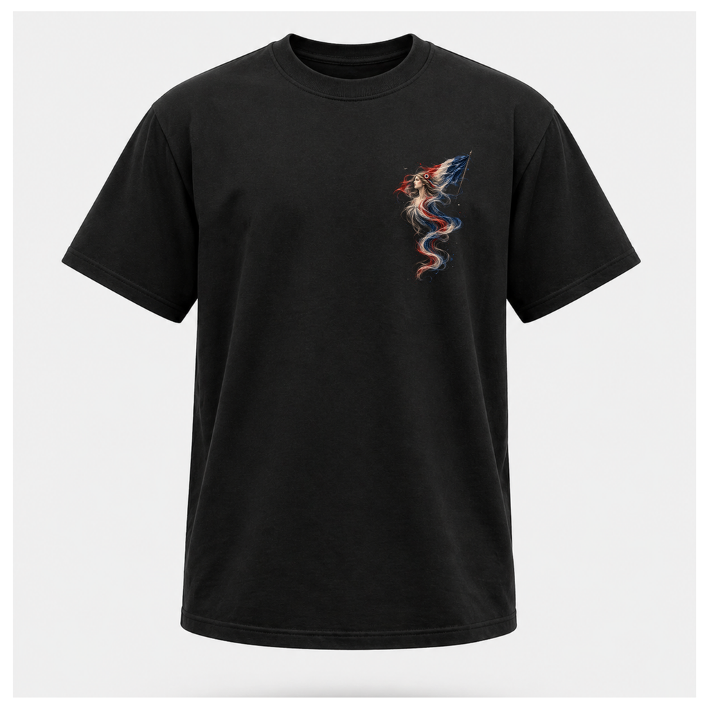 Male form floating black Marianne — France T-shirt, front view, featuring the smaller Marianne artwork in French tricolour tones on the chest, by RIOTTEES.