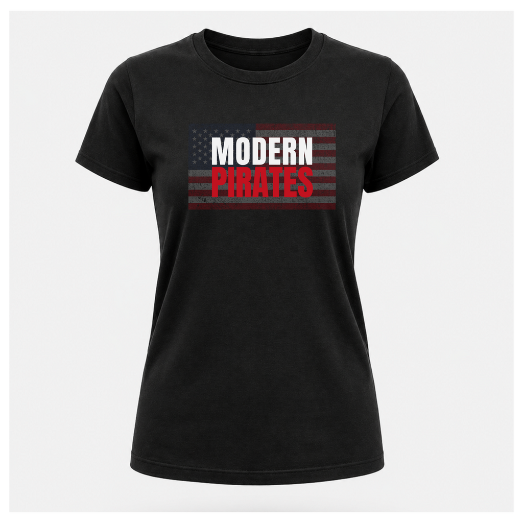 Black USA Modern Pirates graphic T-shirt by RIOTTEES, female floating tee showing distressed American flag and MODERN PIRATES front design.