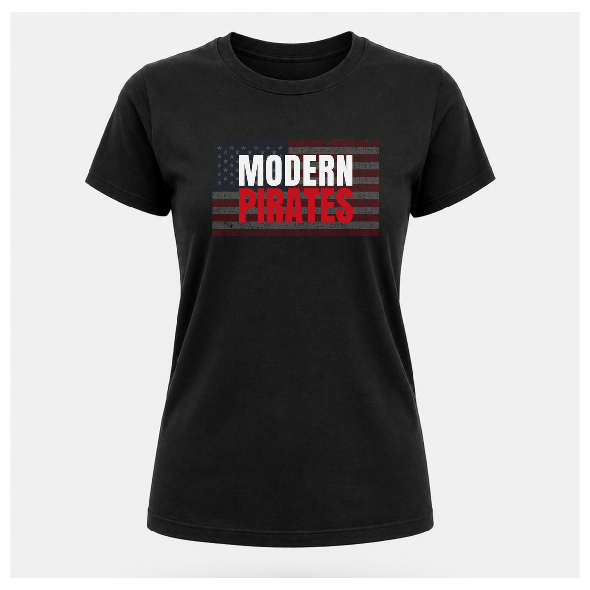 Black USA Modern Pirates graphic T-shirt by RIOTTEES, female floating tee showing distressed American flag and MODERN PIRATES front design.