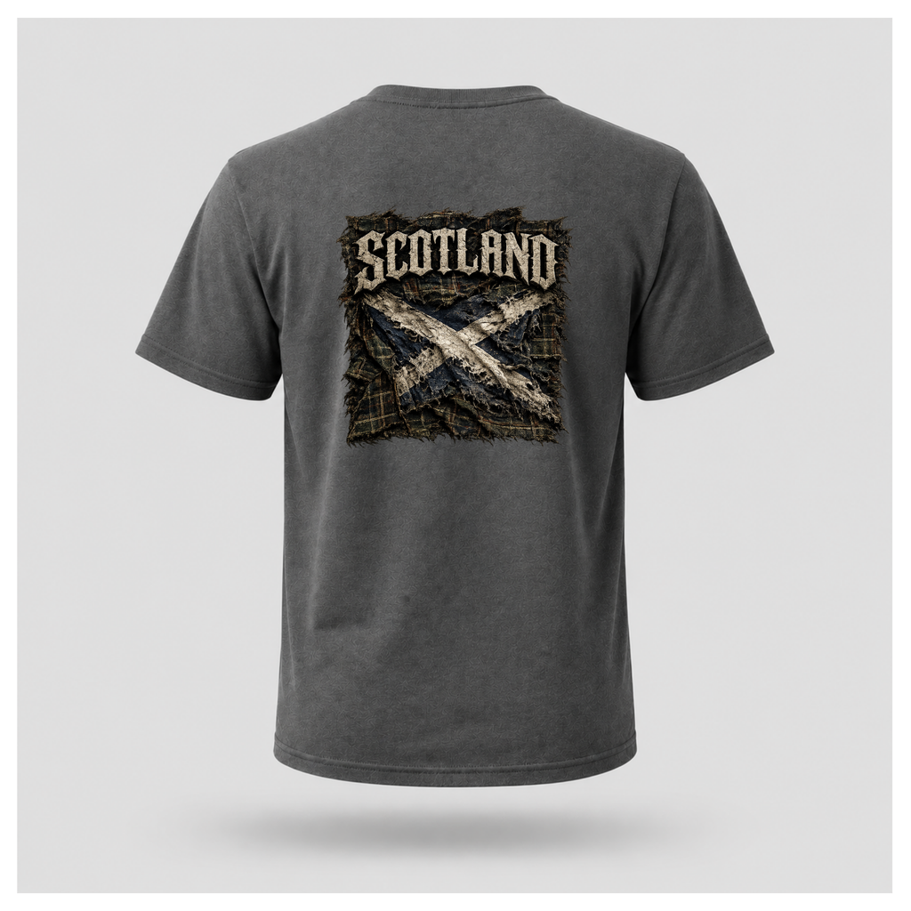 Male model wearing a charcoal grey Gildan 5000 t-shirt featuring the Modern Scotland design on the back, showcasing distressed Scotland lettering above a weathered Saltire and tartan artwork, by RIOTTEES.