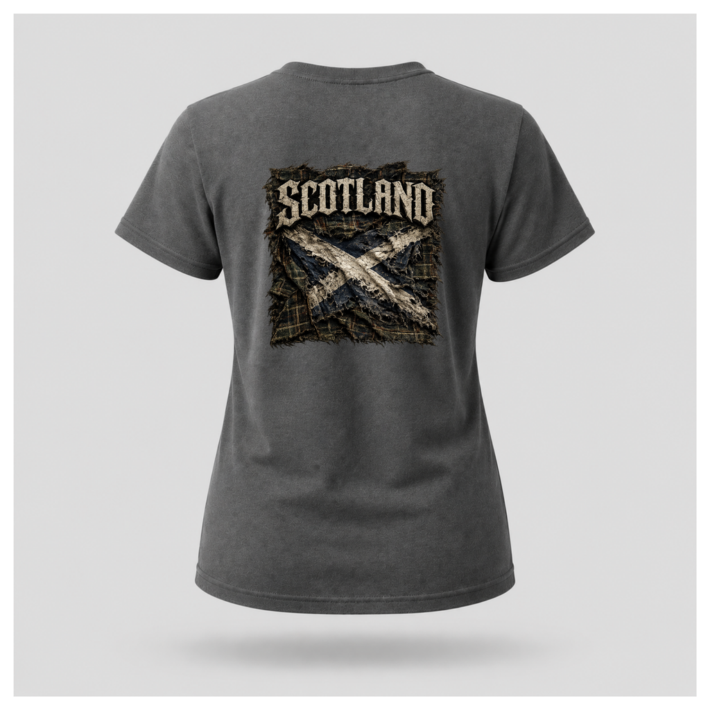 Female model wearing a charcoal grey Gildan 5000 t-shirt featuring the Modern Scotland design on the back with distressed Scotland lettering above a weathered Saltire over tartan, by RIOTTEES.