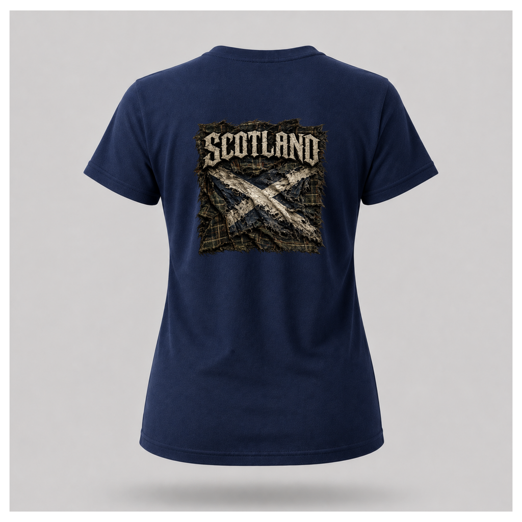 Female model wearing a navy blue Gildan 5000 t-shirt featuring the Modern Scotland design on the back, with distressed Scotland lettering above a weathered Saltire over tartan, by RIOTTEES.