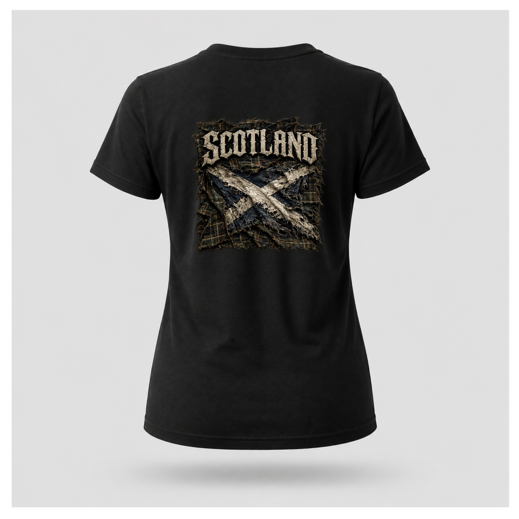 Female model wearing a black Gildan 5000 t-shirt featuring the Modern Scotland design on the back with distressed Scotland lettering and weathered Saltire artwork, by RIOTTEES.