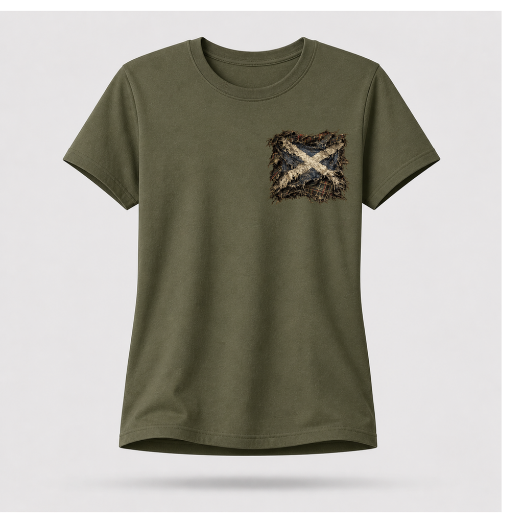 Female model wearing a military green Gildan 5000 t-shirt featuring the Modern Scotland small distressed Saltire emblem on the left chest, by RIOTTEES.