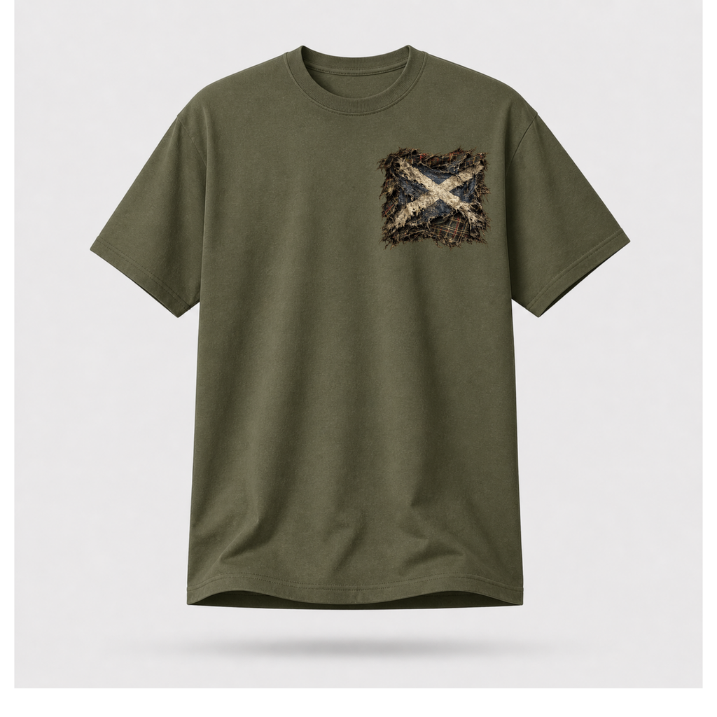 Male model wearing a military green Gildan 5000 t-shirt featuring the Modern Scotland small distressed Saltire emblem on the left chest, by RIOTTEES.