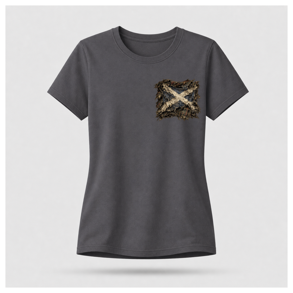 Female model wearing a charcoal grey Gildan 5000 t-shirt featuring the Modern Scotland small distressed Saltire emblem on the left chest, by RIOTTEES.
