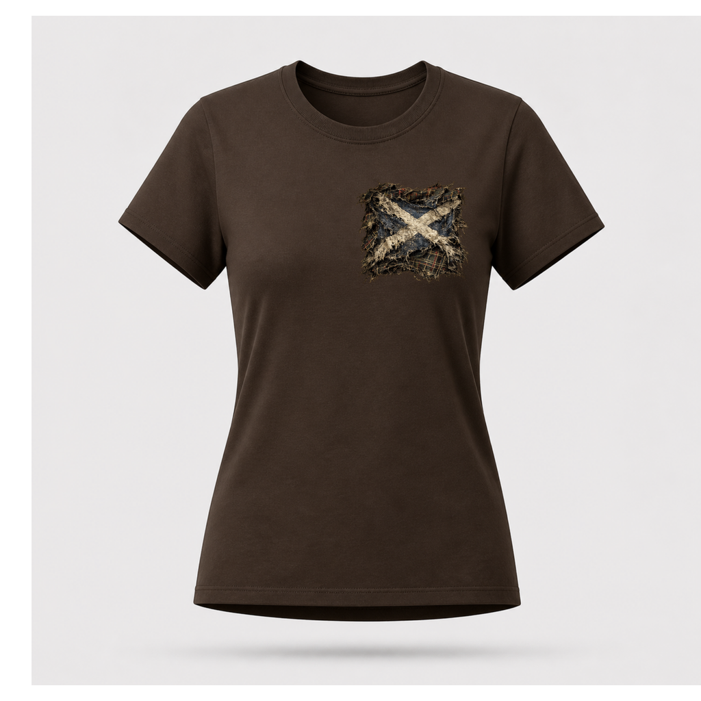 Female model wearing a chocolate brown Gildan 5000 t-shirt featuring the Modern Scotland small distressed Saltire emblem on the left chest, by RIOTTEES.