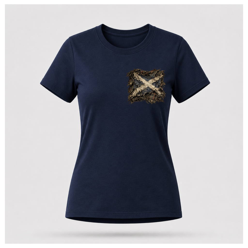 Female model wearing a navy blue Gildan 5000 t-shirt featuring the Modern Scotland small distressed Saltire emblem on the left chest, by RIOTTEES.