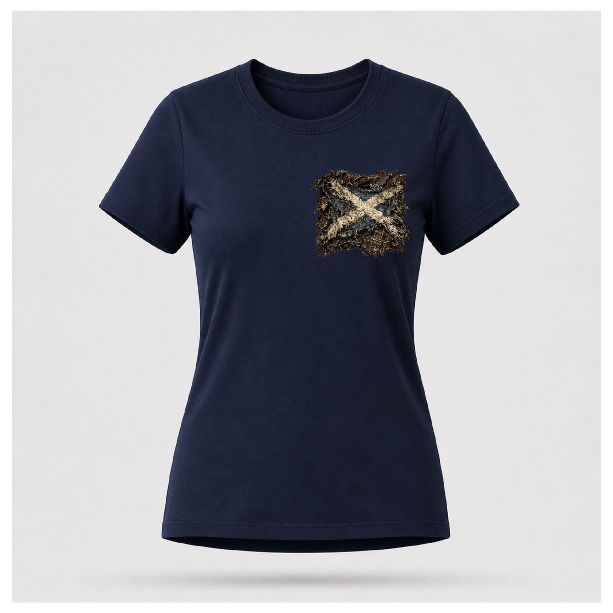 Female model wearing a navy blue Gildan 5000 t-shirt featuring the Modern Scotland small distressed Saltire emblem on the left chest, by RIOTTEES.