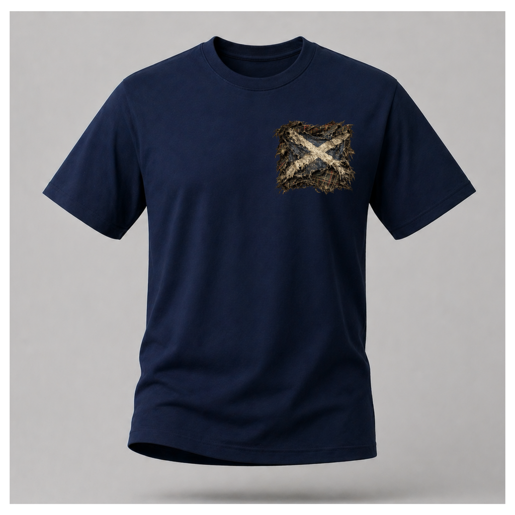 Male model wearing a navy blue Gildan 5000 t-shirt featuring the Modern Scotland small distressed Saltire emblem on the left chest, by RIOTTEES.