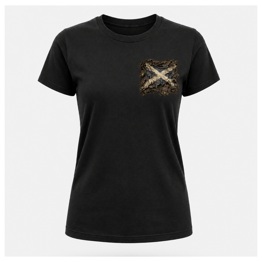 Female model wearing a black Gildan 5000 t-shirt featuring the Modern Scotland small distressed Saltire emblem on the left chest, by RIOTTEES.