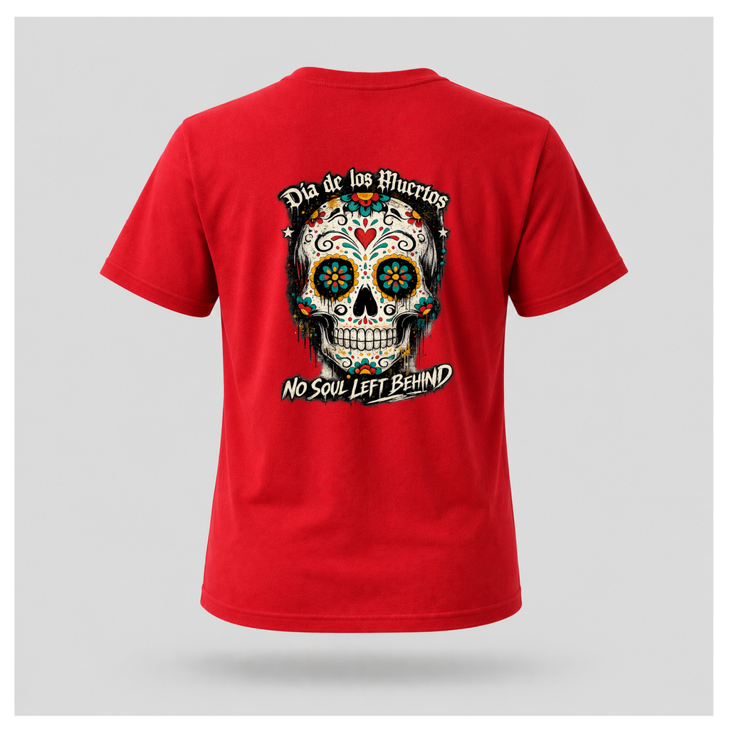 Floating men's t-shirt in red featuring a large colourful Día de los Muertos sugar skull surrounded by vibrant floral artwork, with "Día de los Muertos" above and "No Soul Left Behind" below, by RIOTTEES.