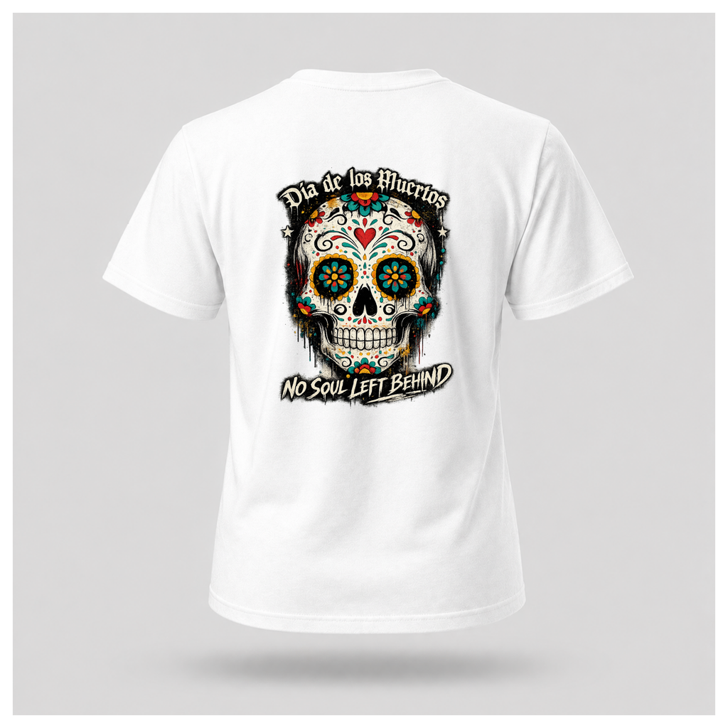 Floating men's t-shirt in white featuring a large colourful Día de los Muertos sugar skull surrounded by vibrant floral artwork, with "Día de los Muertos" above and "No Soul Left Behind" below, by RIOTTEES.
