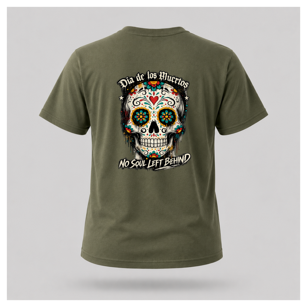 Floating men's t-shirt in military green featuring a large colourful Día de los Muertos sugar skull surrounded by vibrant floral artwork, with "Día de los Muertos" above and "No Soul Left Behind" below, by RIOTTEES.