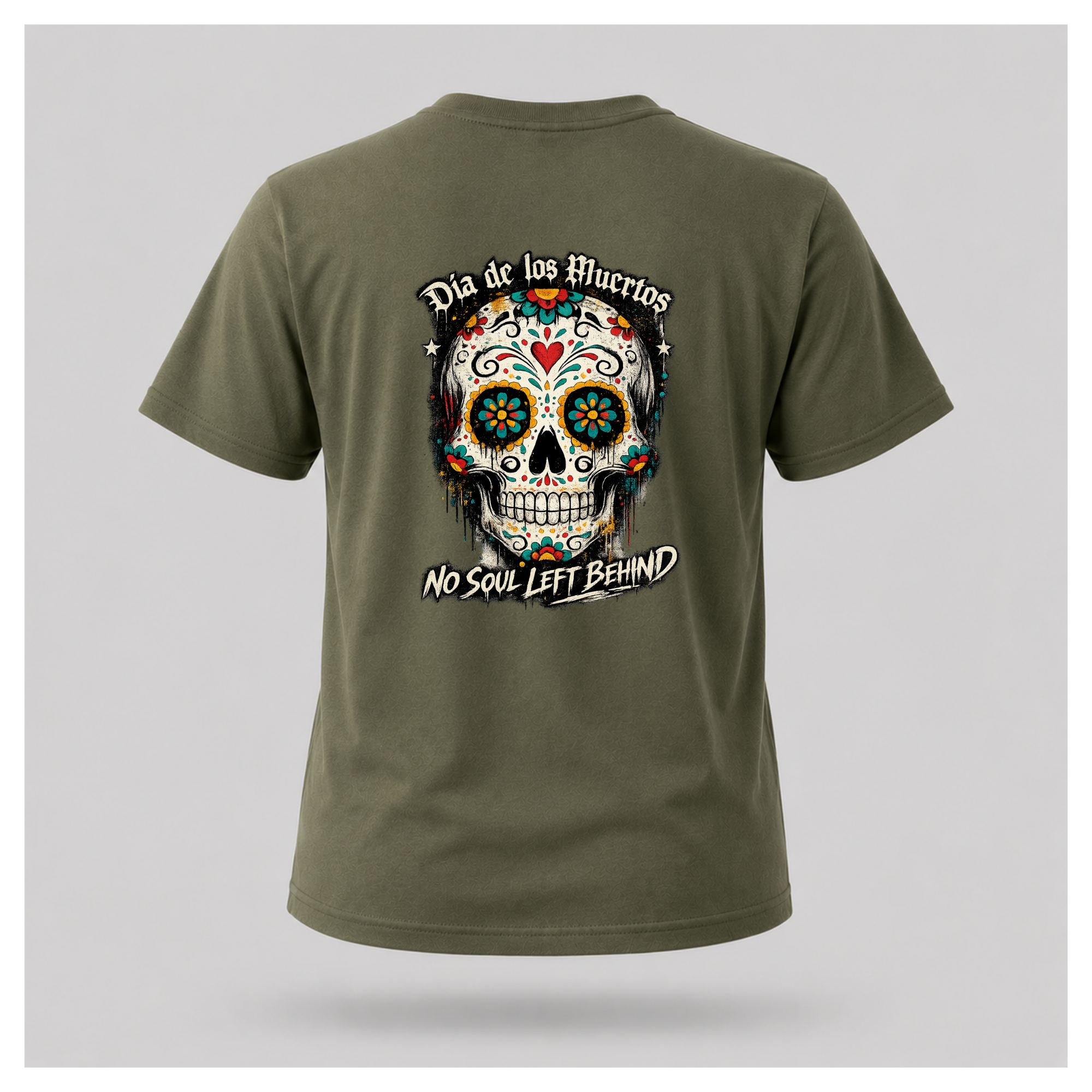 Floating men's t-shirt in military green featuring a large colourful Día de los Muertos sugar skull surrounded by vibrant floral artwork, with "Día de los Muertos" above and "No Soul Left Behind" below, by RIOTTEES.