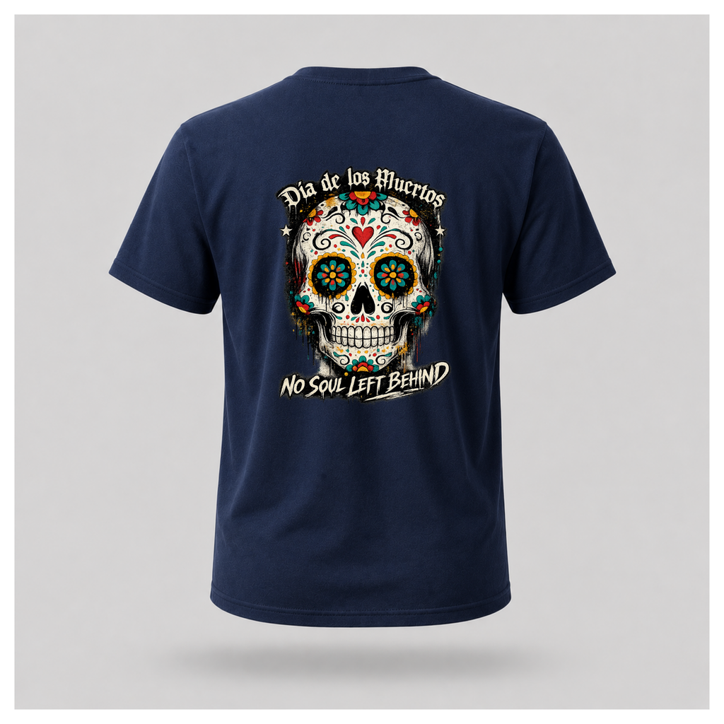 Floating men's t-shirt in navy blue featuring a large colourful Día de los Muertos sugar skull surrounded by vibrant floral artwork, with "Día de los Muertos" above and "No Soul Left Behind" below, by RIOTTEES.
