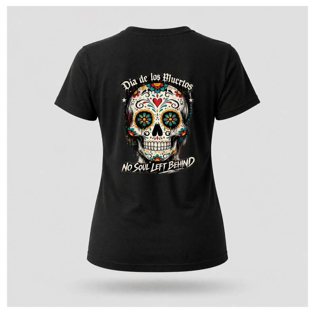 Floating women's t-shirt in black featuring a large colourful Día de los Muertos sugar skull surrounded by vibrant floral artwork, with "Día de los Muertos" above and "No Soul Left Behind" below, by RIOTTEES.