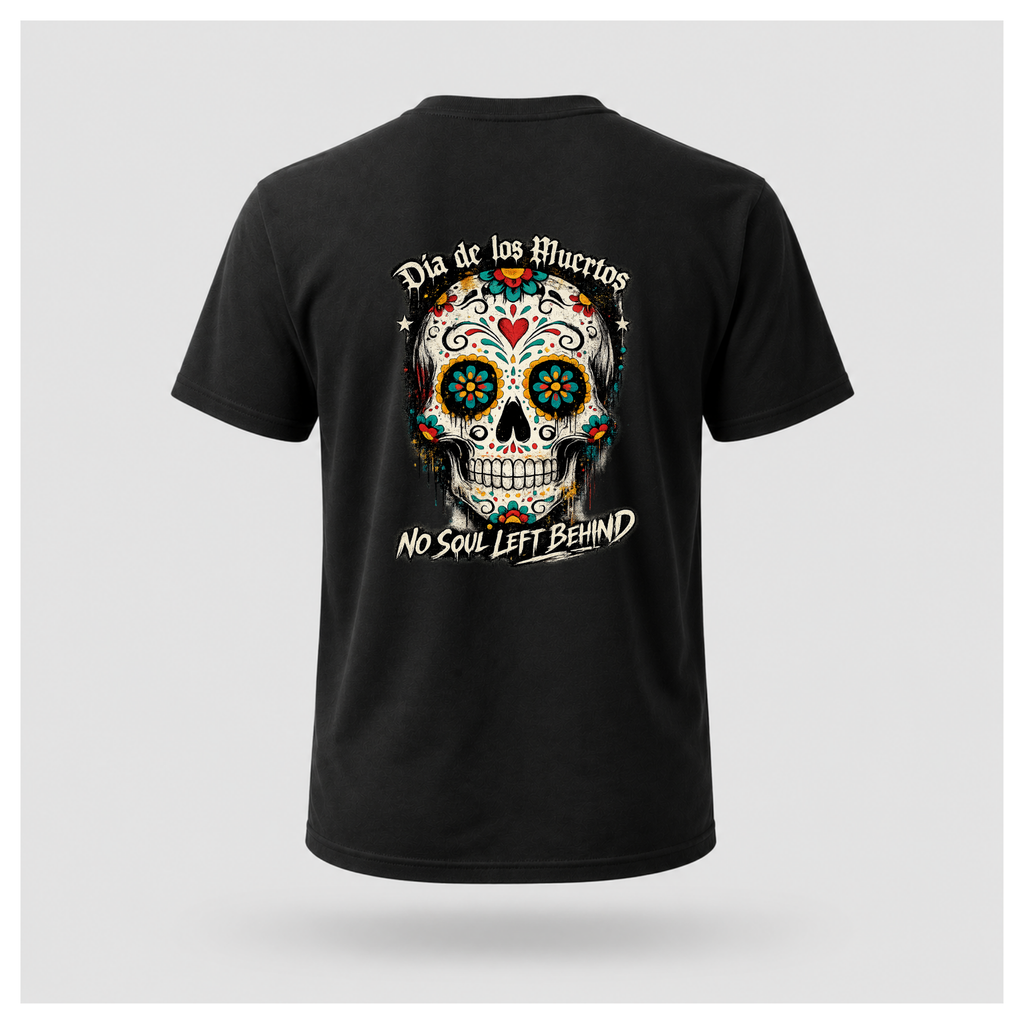 Floating men's t-shirt in black featuring a colourful Día de los Muertos sugar skull surrounded by floral folk-art details with the words "Día de los Muertos" above and "No Soul Left Behind" below, by RIOTTEES.
