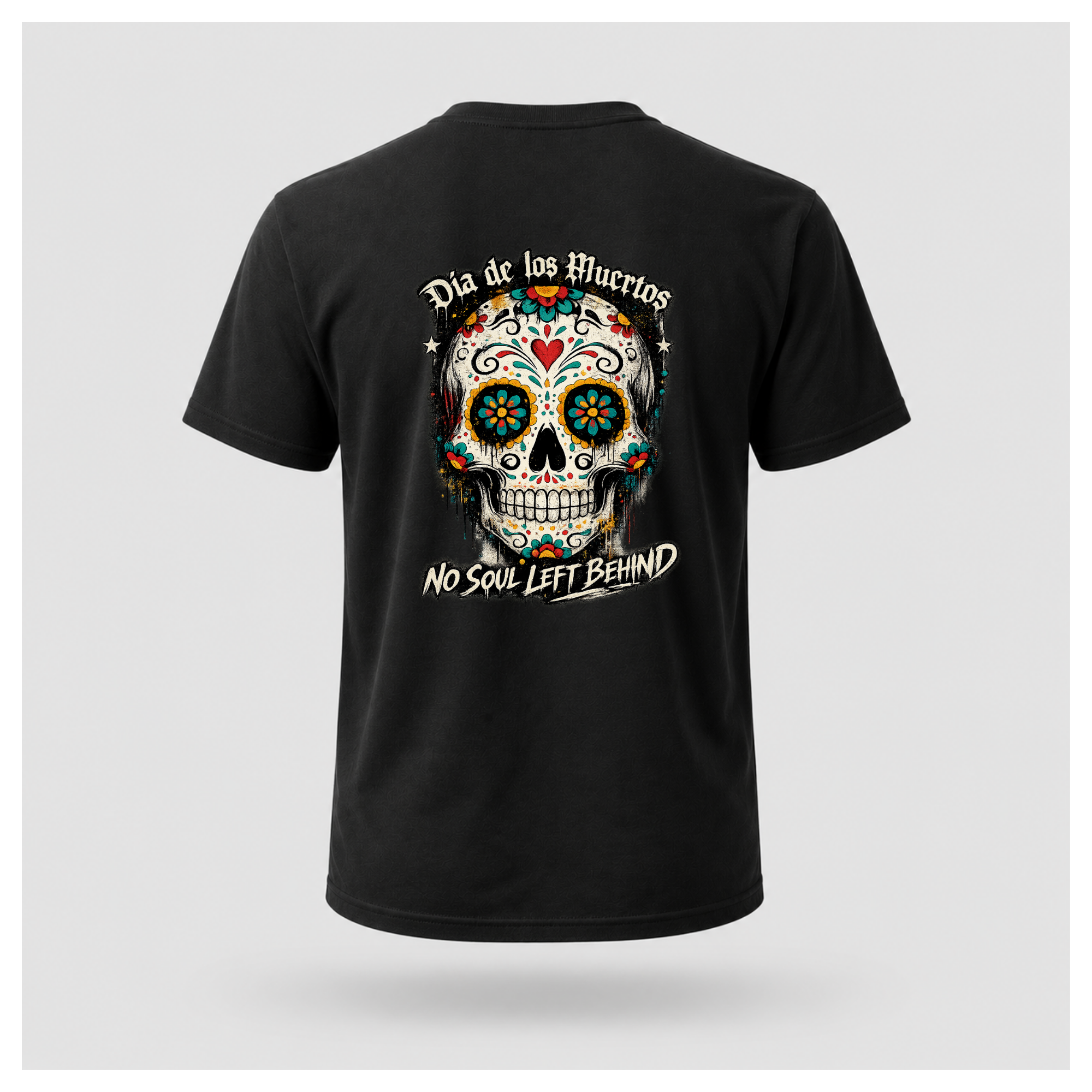 Floating men's t-shirt in black featuring a colourful Día de los Muertos sugar skull surrounded by floral folk-art details with the words "Día de los Muertos" above and "No Soul Left Behind" below, by RIOTTEES.