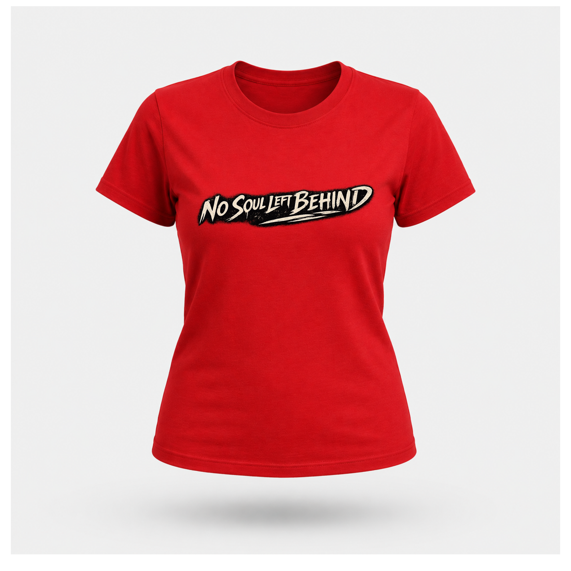 Floating women's t-shirt in red featuring the distressed "No Soul Left Behind" script graphic printed boldly across the chest, by RIOTTEES.