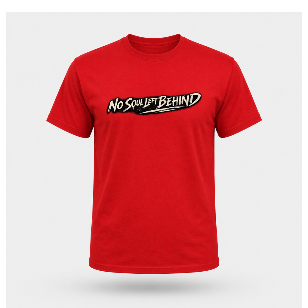 Floating men's t-shirt in red featuring the distressed "No Soul Left Behind" script graphic printed boldly across the chest, by RIOTTEES.