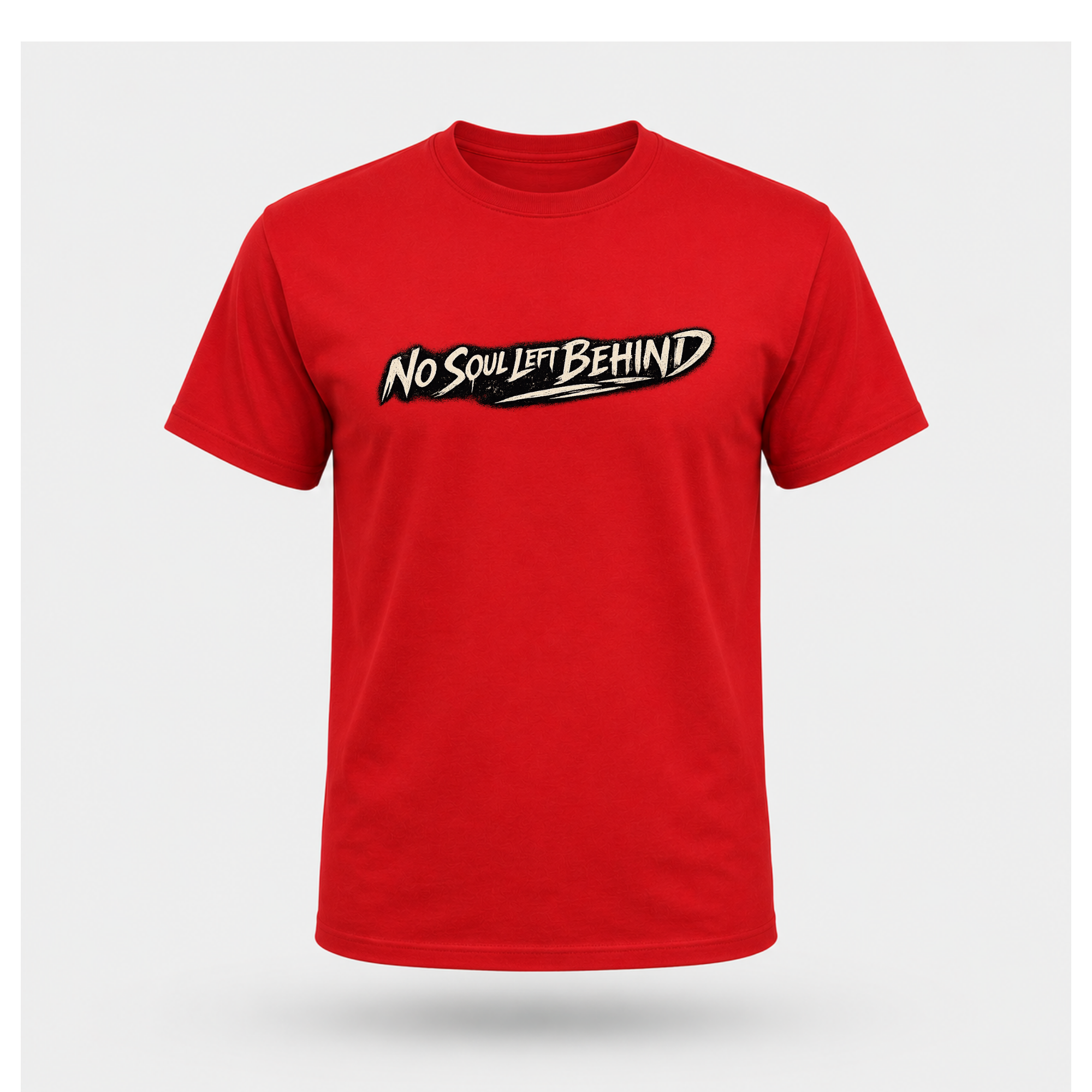 Floating men's t-shirt in red featuring the distressed "No Soul Left Behind" script graphic printed boldly across the chest, by RIOTTEES.