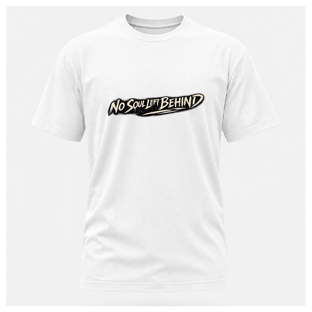 Floating men's t-shirt in white featuring the distressed "No Soul Left Behind" script graphic printed boldly across the chest, by RIOTTEES.