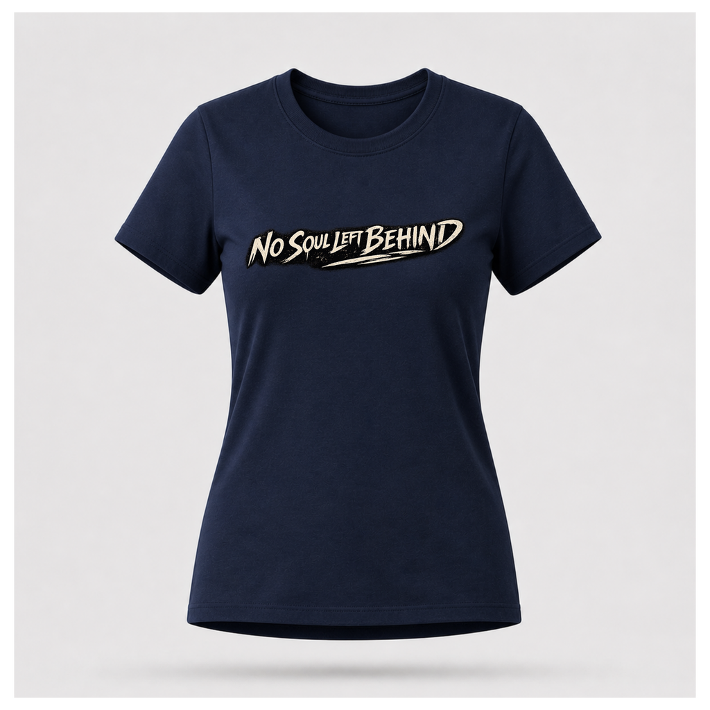 Floating women's t-shirt in navy blue featuring the distressed "No Soul Left Behind" script graphic printed boldly across the chest, by RIOTTEES.