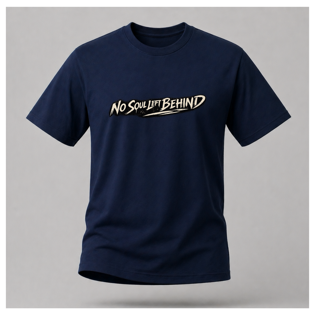 Floating men's t-shirt in navy blue featuring the distressed "No Soul Left Behind" script graphic printed boldly across the chest, by RIOTTEES.